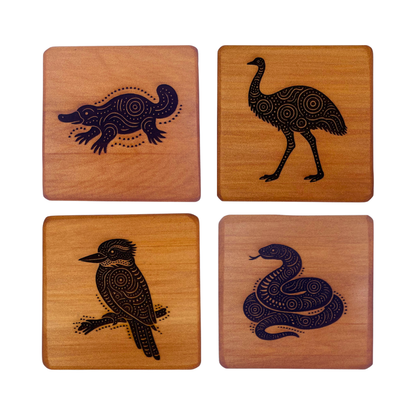 Aboriginal Art Inspired Animal Set of 4 Coasters – Wetland & Sky Animals