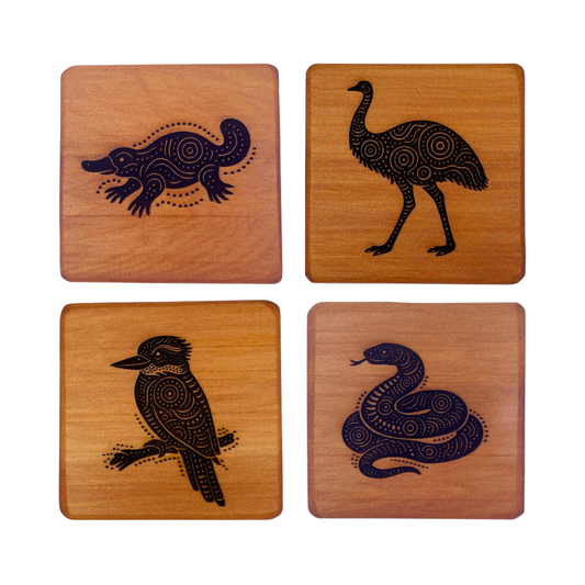 Aboriginal Art Inspired Animal Set of 4 Coasters – Wetland & Sky Animals